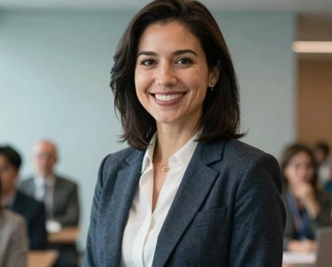 Professional headshot of a corporate event planner in stylish smart-casual attire, smiling in a clean, modern North American conference space with soft slate blue background lighting.
