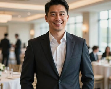 Professional headshot of a welcoming venue director, dressed in professional business attire, standing inside a bright, modern, elegant event hall in North America. Natural warm light, sophisticated look.