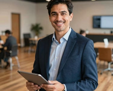 Professional headshot of an operations manager standing inside a versatile event space with warm wood floors, holding a tablet, displaying a confident, welcoming expression. North American context.