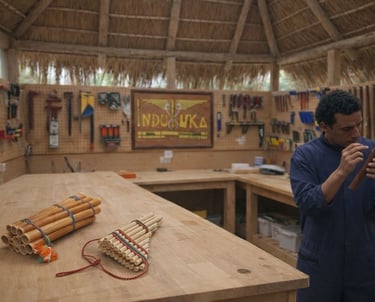 Un lutier andino inspecciona una quena hecha a mano en un taller