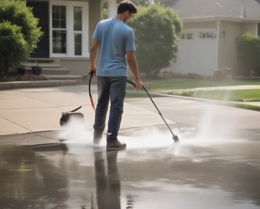 A professional in blue uniform pressure washing a driveway with sparkling clean results.