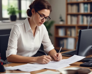 A friendly  accountant sitting at a desk, calmly reviewing paperwork with a client in a cozy office.