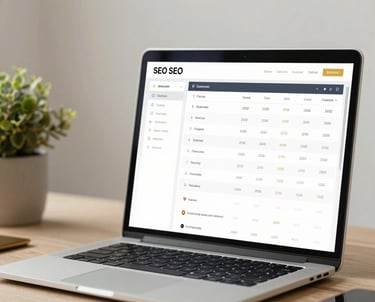 A professional digital marketing workspace with a MacBook showing data analytics and SEO keyword rankings, styled with gold and dark charcoal accents.