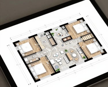 A close-up of a high-quality 3D architectural floor plan on a tablet screen, showing meticulous residential design details and premium materials.