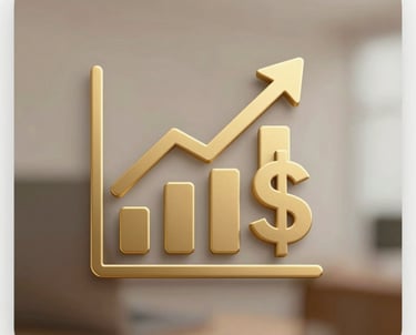 Icon for paid advertising: a minimalist bar chart with a rising arrow and a dollar sign, designed in a high-end corporate style using gold (#C4A05B).