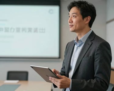 An individual giving a presentation in a sleek North American board room, soft focus background, professional attire, modern digital tablet in hand, inspiring and confident mood.
