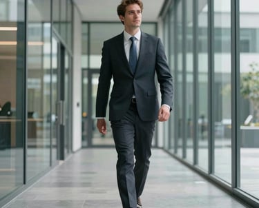 A professional walking confidently through a glass-walled hallway of a modern North American corporate building, architectural depth, sharp focus, professional and empowering atmosphere.