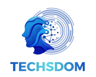 TechsDom logo with blue human head and digital network, symbolizing AI, technology, and innovation.