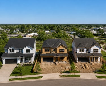 Aerial view of three new construction homes in a suburban neighborhood, ranging from framed to finished.