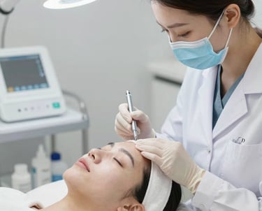A serene clinic room with soft pastel tones and glowing skin treatment equipment.