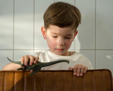 a young boy sitting in a suitcase with a dinosaur toy