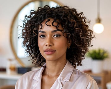 Femme avec des boucles définies, assise en peignoir dans un fauteuil de soin, dans un cadre chic pro