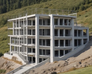 Workers in protective gear are seen on a construction site characterized by metal beams, scaffolding, and wooden supports. They appear to be engaged in construction tasks on a large infrastructure project, possibly a bridge or a similar structure.
