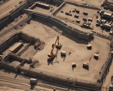 A construction site is depicted with heavy machinery including an excavator, a bulldozer, and a backhoe loader. Large pipes are stacked in the background, and there is a section of earth that appears to be excavated. Traffic cones and barriers are positioned around the site, indicating ongoing work. The ground is mostly bare and dusty, with some areas containing gravel and red dirt.