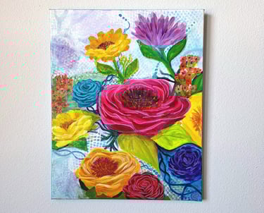 Vibrant mixed media floral canvas painting featuring colorful roses and sunflowers on a textured background.