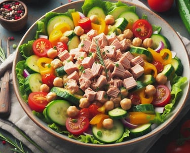 Deliciosa Salada de Grão-de-Bico com Atum e Vegetais Frescos  Esta vibrante salada da VidaFit&Receit