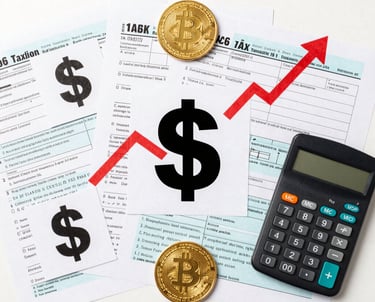 Bitcoin coins on tax forms with a calculator and a rising red arrow showing cryptocurrency market growth.