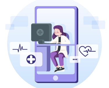 a woman sitting on a phone with a doctor