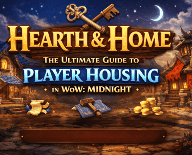 WoW housing interior with cozy fantasy decor, warm lighting, and a personalized home in Azeroth