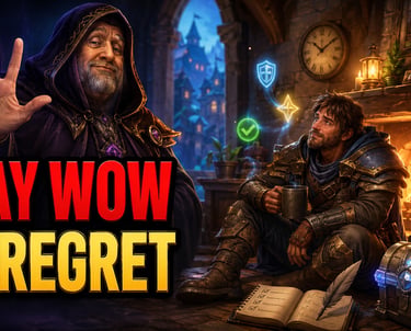 World of Warcraft-inspired fantasy thumbnail showing Emperor Noob Sidious guiding a relaxed adventurer away from WoW burnout