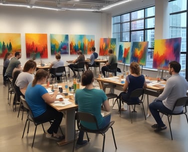 An art studio filled with several people engaged in drawing or painting portraits. Easels with various portrait sketches and paintings are scattered throughout the room. The atmosphere is busy and artistic, with numerous portraits displayed on the walls and on easels.