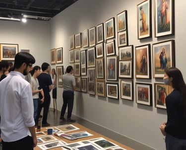 An art studio filled with several people engaged in drawing or painting portraits. Easels with various portrait sketches and paintings are scattered throughout the room. The atmosphere is busy and artistic, with numerous portraits displayed on the walls and on easels.