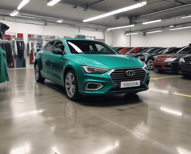 A custom bright green vintage truck is parked in front of a building with a sign advertising upholstery and accessories. The truck features a sleek, modified design with a prominent front grille and modern wheels. The background includes signage for window tint services and other automotive customizations.