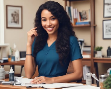 A hairstylist is curling the hair of a seated woman with a curling iron. The woman has long, wavy blond hair and is wearing a black salon cape. There is a plant in the background and a white railing behind the hairstylist.