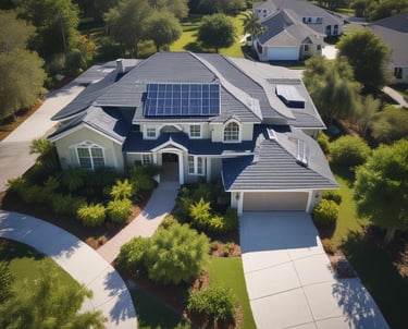 A solar panel is placed on the ground amidst lush green plants and trees. The sunlight gently reflects off its surface, highlighting the clean, angular lines of the solar cells.