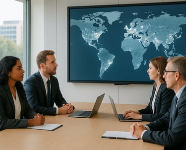 A diverse team of professionals in a boardroom meeting, discussing a global strategy shown on a larg