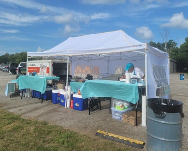 a tenter with a table with a table cloth