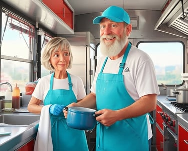 AI Cindy and Rodney Niemier wearing aprons inside food trailer