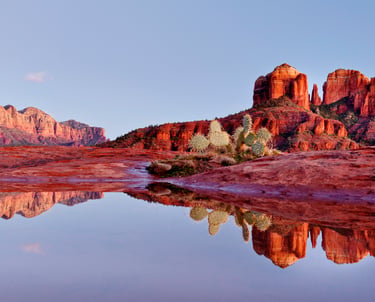Sedona red rock formations and prickly pear cactus reflected in a desert pool at sunset.