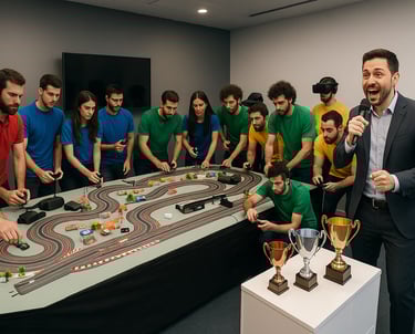 Pista de Scalextric con temática de Fórmula 1 en evento