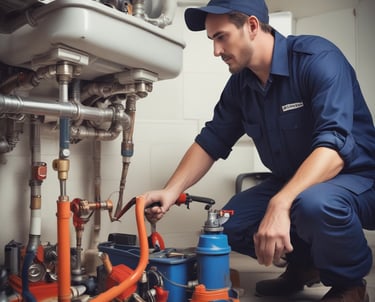 A friendly AI assistant answering calls for a busy plumber in a modern office.