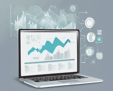 A laptop displaying a webpage with the text 'I design and develop experiences that make people's lives simple.' is placed on a wooden table. It is set in an outdoor seating area with white furniture and greenery in the background. The setting appears to be calm and conducive to work or relaxation.