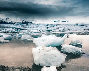 Jökulsárlón glacier lagoon in Iceland with an ominous sky