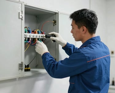 An electrical technician in blue uniform repairs a control panel with colorful wiring.