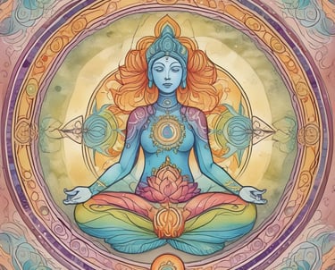 A person with long dark hair, wearing a white blouse, stands with eyes closed and hands on their chest. The background includes green foliage and tree trunks, creating a natural ambiance.