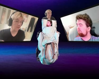 A white wheelchair user in a hospital gown, with screens either side showing faces