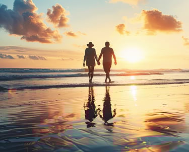 a couple holding hands while walking on the beach