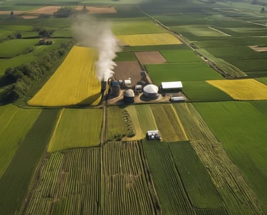 a smokestack emits from a factory in the distance