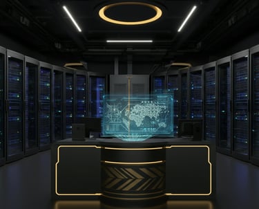 Verve Phoenix optimizing a futuristic data center with holographic control systems.