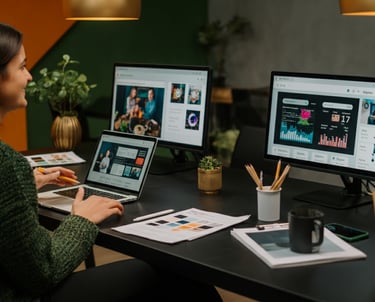 Verve Phoenix digital marketing team creating social media campaigns and analyzing metrics in a modern gold and black studio.
