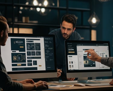Verve Phoenix branding team working on website prototypes and brand identity elements in a modern design workspace.