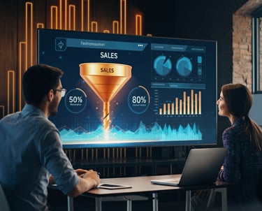 Verve Phoenix sales team analyzing a digital sales funnel with charts and rising graphs representing revenue growth.