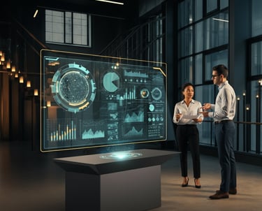 Verve Phoenix team discussing IT roadmaps with holographic displays in a modern office.