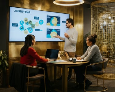 Verve Phoenix customer success team reviewing retention strategies and journey maps in a gold and black-themed collaborative