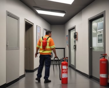 A group of employees practicing fire safety techniques together outdoors.