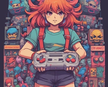 a woman holding a video game controller in front of a bunch of video game controllers